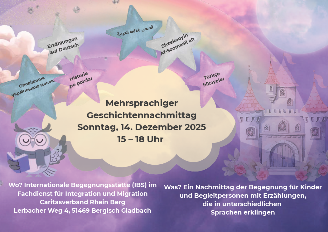 Mehrsprachiger Geschichtennachmittag 2025 - Plakat (c) Caritas RheinBerg